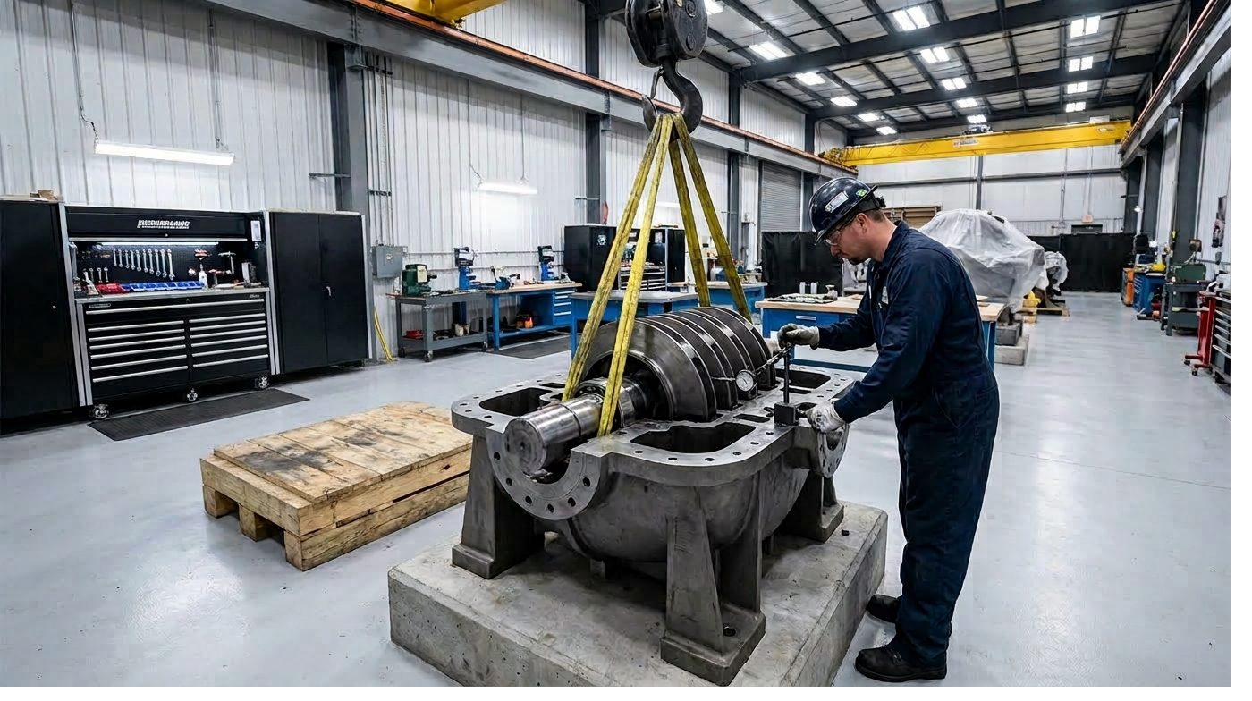 Engineer inspecting a centrifugal pump during shop overhaul